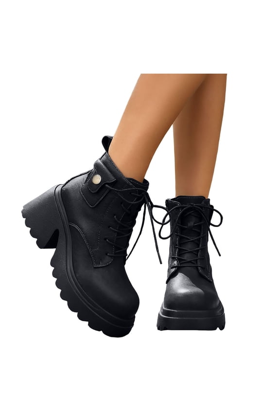 Womens Motorcycle Boots Platform Chunky Heel Antislip Lace up Zipper Ankle Booties Comfy Retro Leather Round Toe High Top Boots Black Size 9