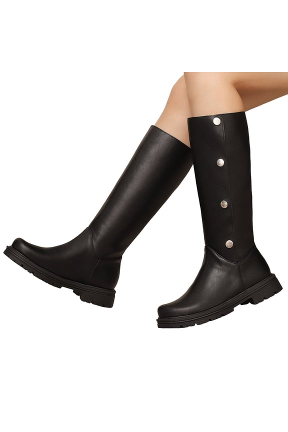 Womens Motorcycle Boots Trendy Leather Waterproof Platform Lug Sole Knee High Boots Button Tall Riding Booties Black Size 10.5
