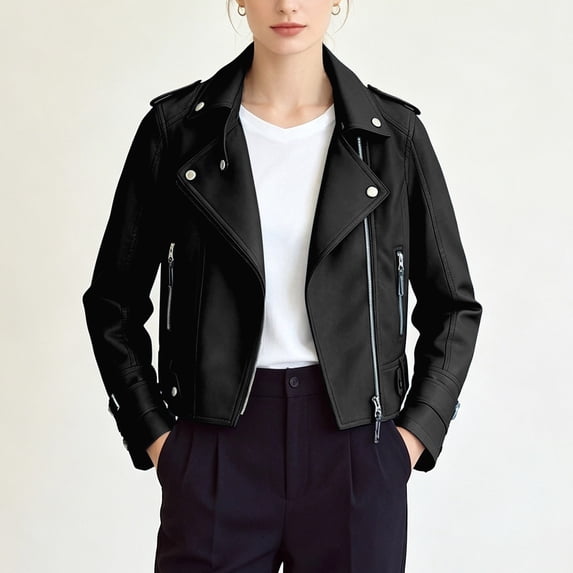 Womens Motorcycle Jacket Lapel Cropped Biker Jackets (Black XXXL)