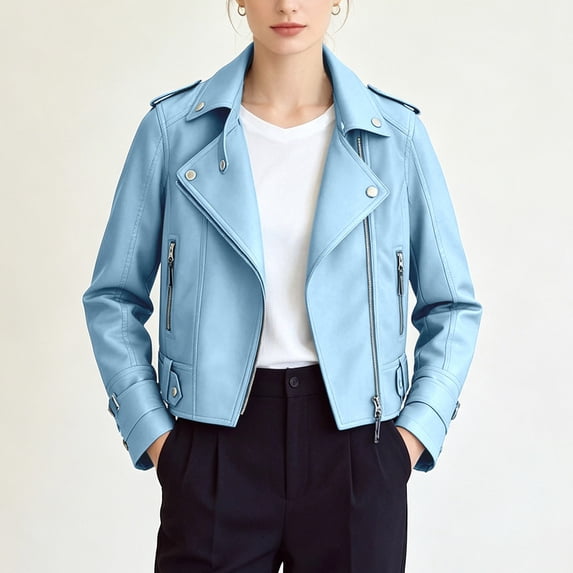 Womens Motorcycle Jacket Lapel Cropped Biker Jackets (Blue XL)
