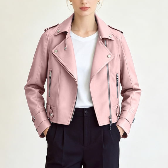 Womens Motorcycle Jacket Lapel Cropped Biker Jackets (Pink S)