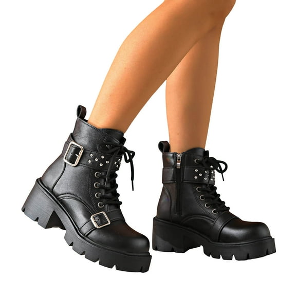 Womens Motorcycle Riding Combat Boots Fashion Buckle Strap Leather Gothic Platform Chunky Lug Mid Calf Ankle Booties Black