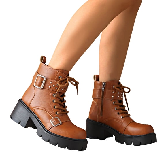 Womens Motorcycle Riding Combat Boots Fashion Buckle Strap Leather Gothic Platform Chunky Lug Mid Calf Ankle Booties Brown