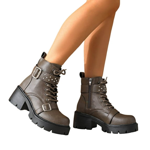 Womens Motorcycle Riding Combat Boots Fashion Buckle Strap Leather Gothic Platform Chunky Lug Mid Calf Ankle Booties Gray