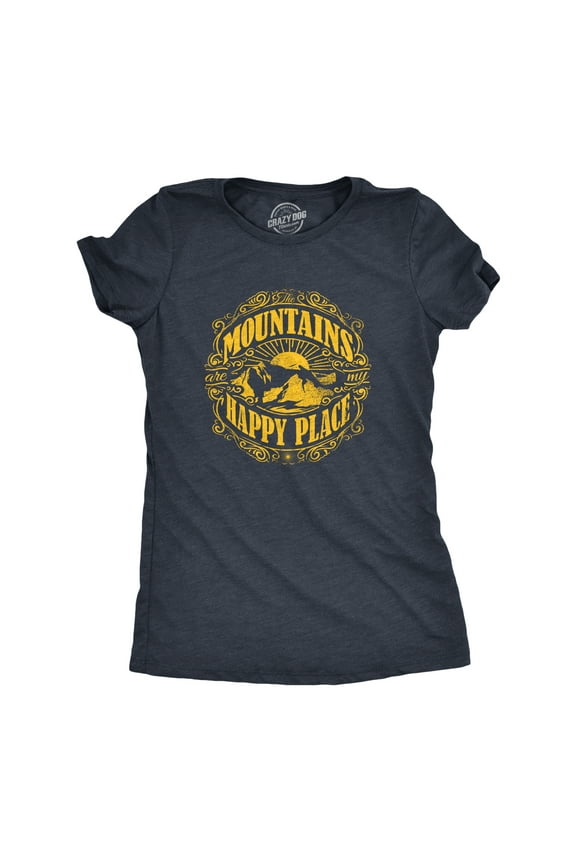 Womens Mountains Are My Happy Place Cool Vintage Hiking Camping T shirt Graphic Womens Graphic Tees