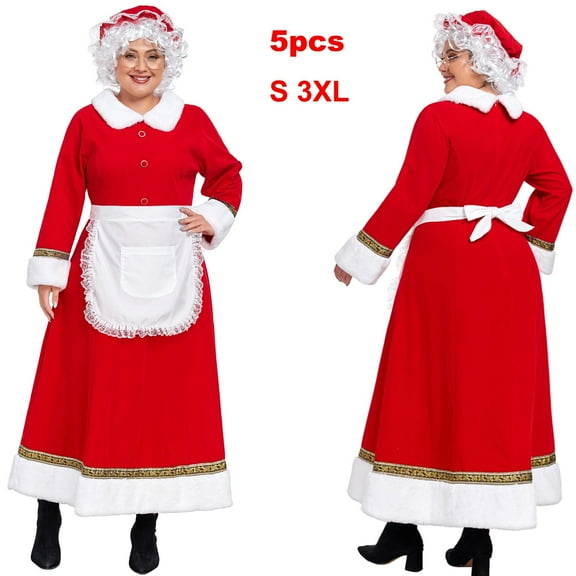 Womens Mrs Santa Claus Long Sleeve Cosplay Costume Christmas Fancy Dress Outfits, L