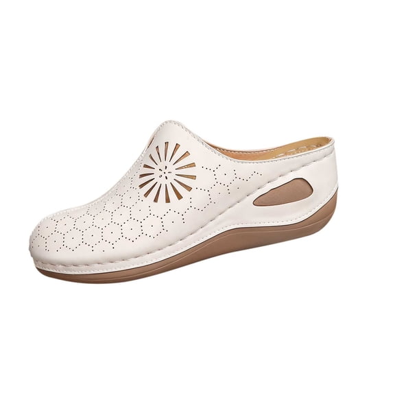 Womens Mule Sandals Slip On Low Wedge Breathable Perforated Casual Everyday Comfortable Beige,Size 8.5