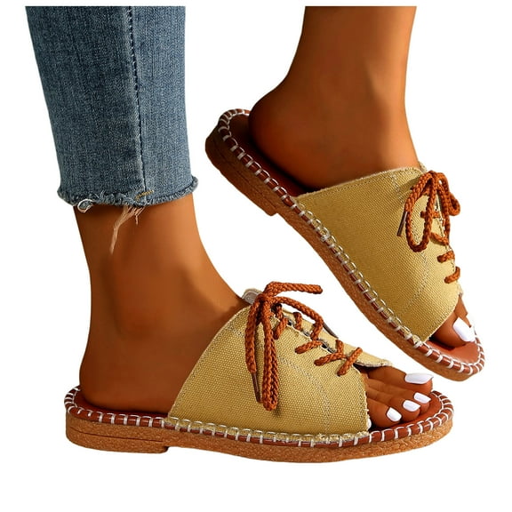 Womens Mules Flats Sandals 2025 Fashion Casual Lace up Open Toe Sneakers Walking Slip on Canvas Beach Slides