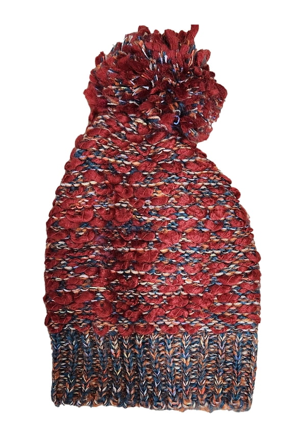 Womens Multi-Colored Burgundy Red Pom Beanie Stocking Cap Hat
