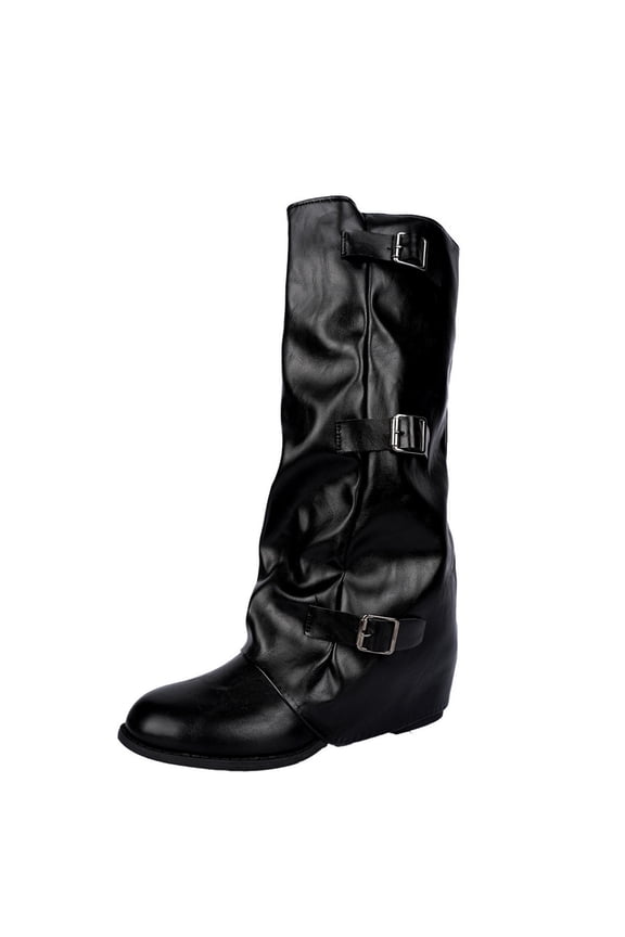 Womens Multi Metal Buckle Ruched Knee High Boots, Round Toe Low Flat Heel Soft Faux Leather Moto Tall Booties Black 6(37)