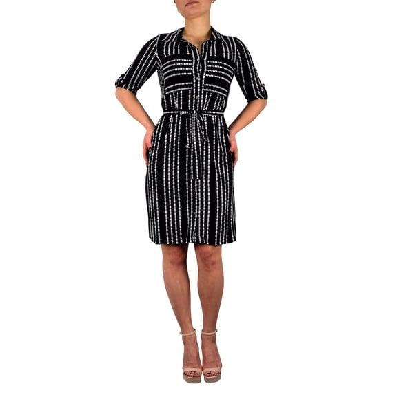 Womens Multi Pattern Button V Neck Shift Dress 3/4 Sleeves