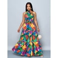 thumbnail image 1 of Womens Multicolor Allover Tropical Leaf Print Halter Neck Maxi Dress With Self-Tie Belt, Flowing Vacation Style, 1 of 8