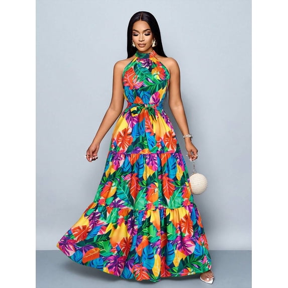 Womens Multicolor Allover Tropical Leaf Print Halter Neck Maxi Dress With Self-Tie Belt, Flowing Vacation Style