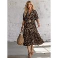 thumbnail image 1 of Womens Multicolor Boho Animal Print V-Neck Midi Dress With Puff Sleeves, 1 of 7