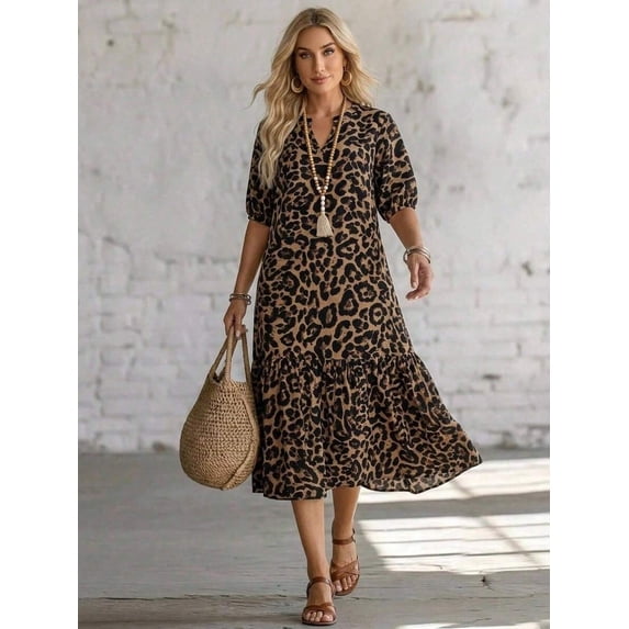 Womens Multicolor Boho Animal Print V-Neck Midi Dress With Puff Sleeves