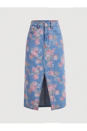 Womens Multicolor Floral A-Line Denim Midi Skirt With Front Slit