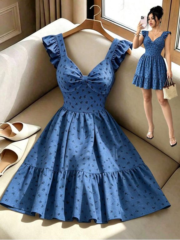Womens Multicolor Floral Print Flutter Sleeve Casual Summer Short Dress