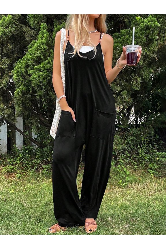 Womens Multicolor Halter Jumpsuit With Double Pockets Loose Fit
