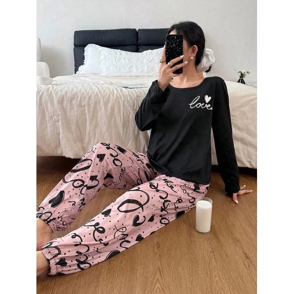 Womens Multicolor Heart Print Long Sleeve Pajama Set, Soft Cozy Sleepwear