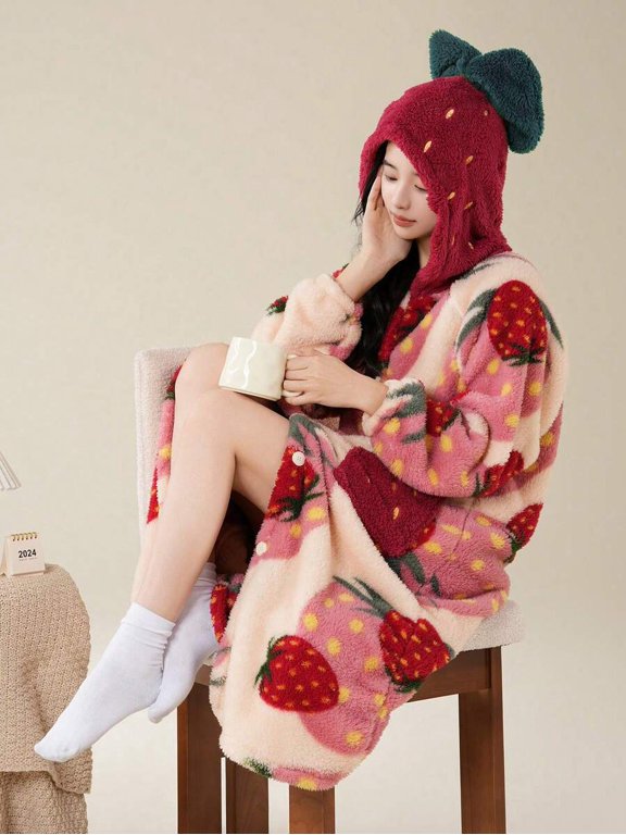 Womens Multicolor Strawberry Print Hooded Fleece Robe, Warm Buttoned