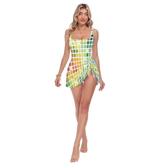 Womens Multicolored Square Grid Pattern Print 2-in-1 Swim Dress Detachable Skirt One-Piece Swimsuit Square Neck S-XXL