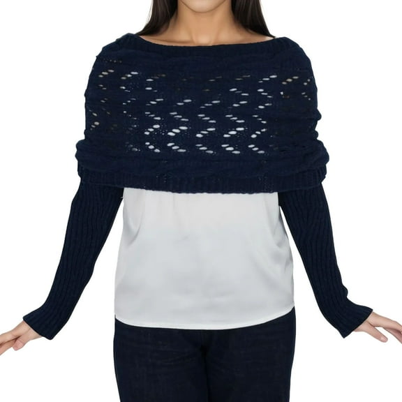 Womens Multifunctional Scarf with Sleeves Solid Color Crochet Knitted Cable Scarf Sweater Wraps- Navy Blue