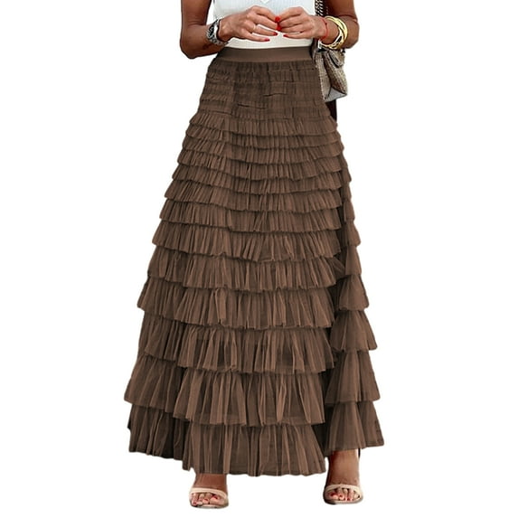 Womens Multilayer Ruffle Tulle Skirt Sweet Pleated Highs Waist Maxi Skirt Fairys Cake Dress Long Tutus Party Skirt Gifts