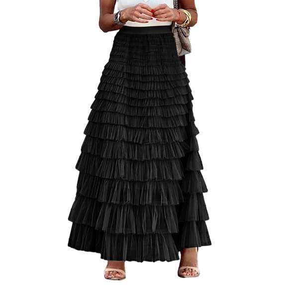 Womens Multilayer Ruffle Tulle Skirt Sweet Pleated Highs Waist Maxi Skirt Fairys Cake Dress Long Tutus Party Skirt Gifts