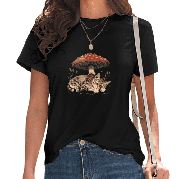 Womens Mushroom Cat Print Tshirt Graphic Tees Shirts Black Cottagecore Aesthetic Casual Daily Wear Pet Lover Gift Tops S-5XL