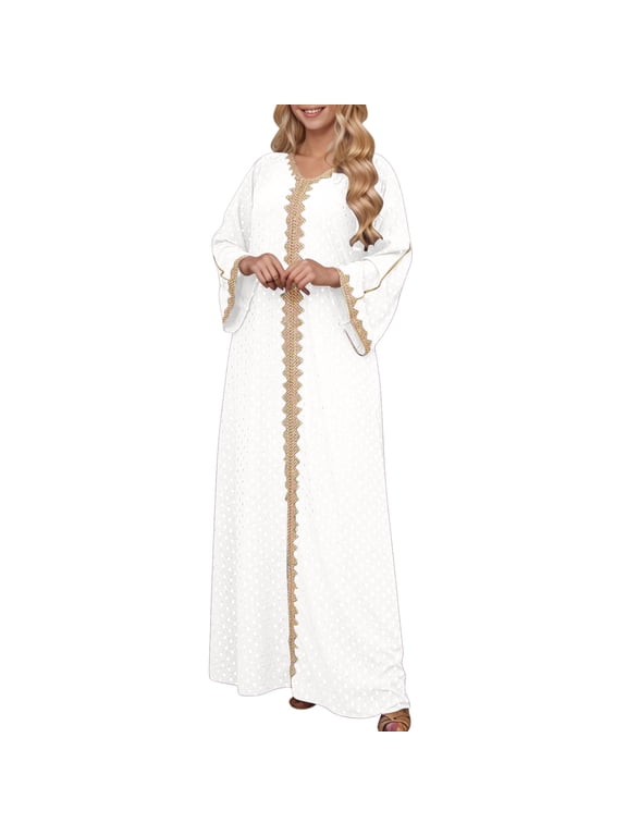 Womens Muslim Abaya Dress One-Piece V Neck Bronzing Dress Islamic Full Length Kaftan Arabic Daily Casual Dress