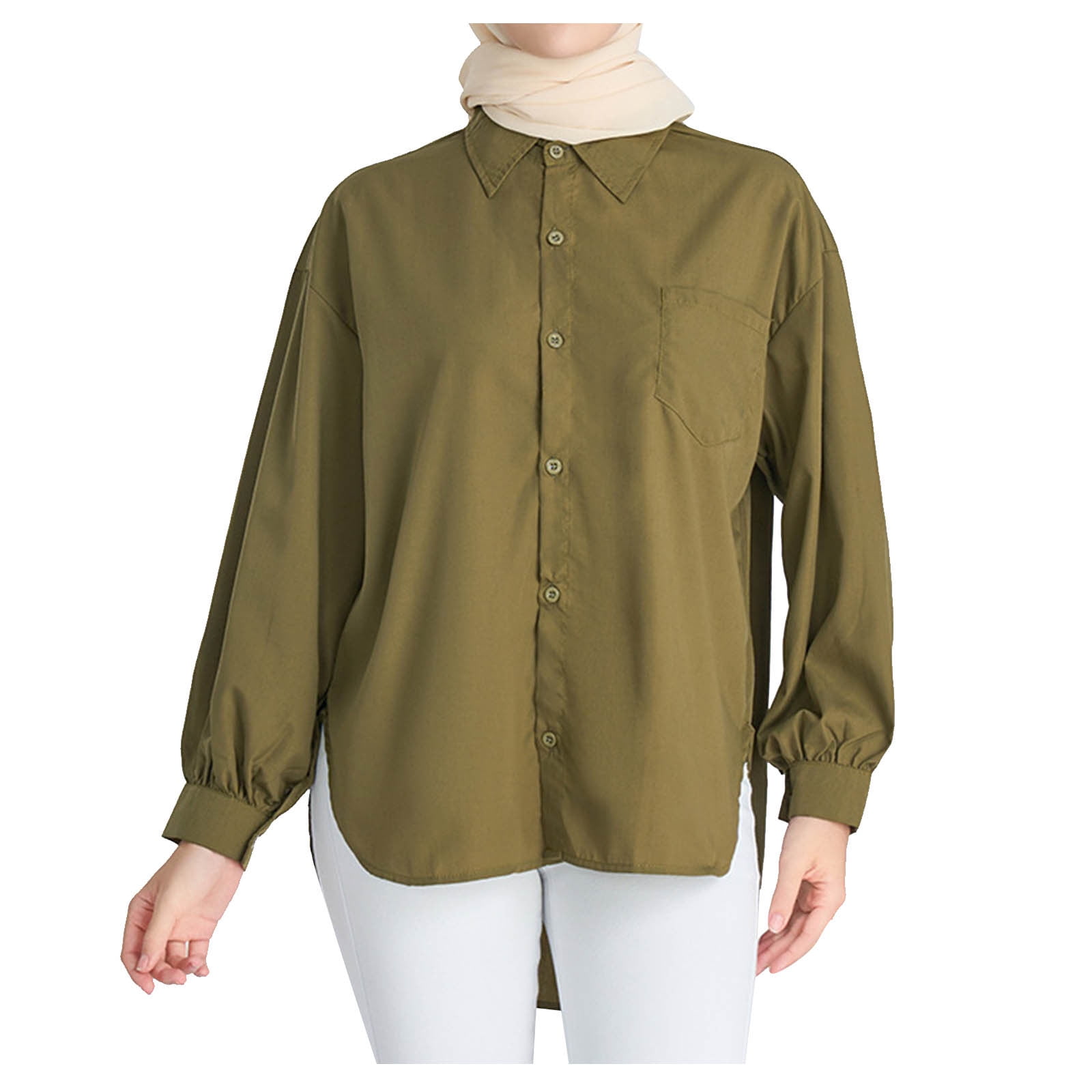 Womens Muslim Button Down Shirts Oversized Modest Shirts Blouses Tops Islamic Long Sleeve Split Button Up Shirts Walmart