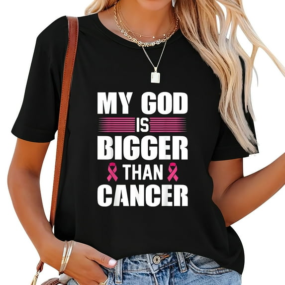 Womens My God Is Bigger Than Cancer Breast Cancer Awareness Ribbon T-Shirt Black