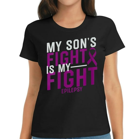 Womens My Son's Fight is My Fight Epilepsy Awareness Round Neck T Shirt Black 2XL