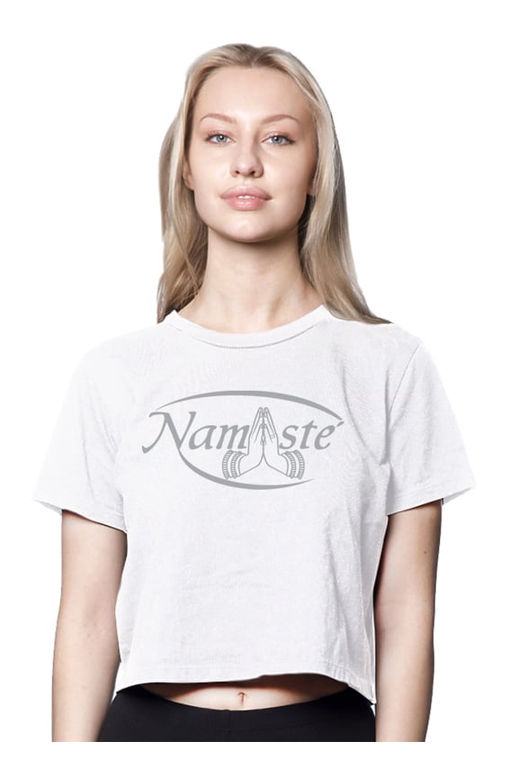 Womens NAMASTE American-Made Cute Cropped Yoga Tee Shirt, Large White