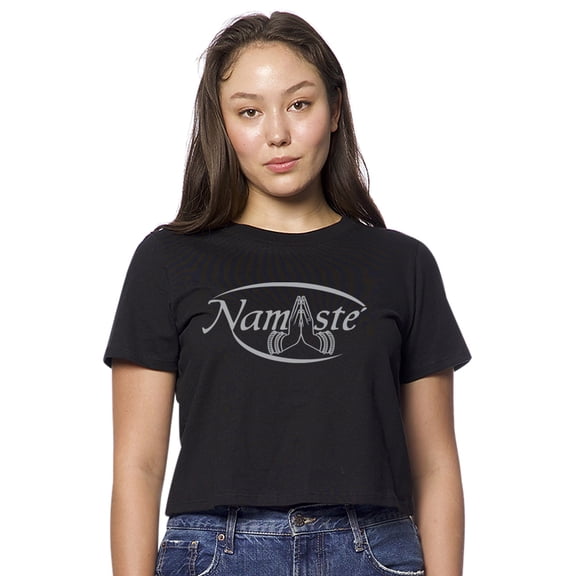 Womens NAMASTE American-Made Cute Cropped Yoga Tee Shirt, Medium Black