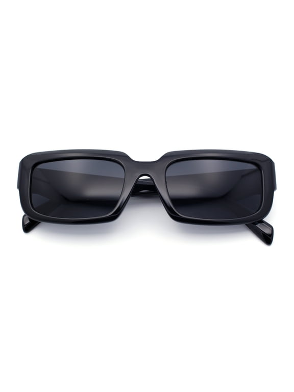Womens Narrow Rectangle Mod Luxury Geometric Bevel Cut Arm Sunglasses All Black