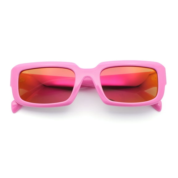 Womens Narrow Rectangle Mod Luxury Geometric Bevel Cut Arm Sunglasses Pink - Fuchsia Mirror