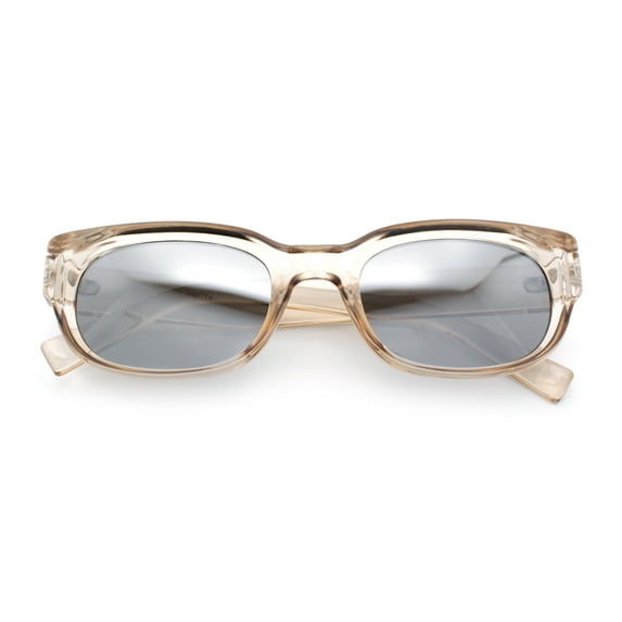 Womens Narrow Rectangle Silver Mirror Lens Mod Bevel Plastic Sunglasses Peach