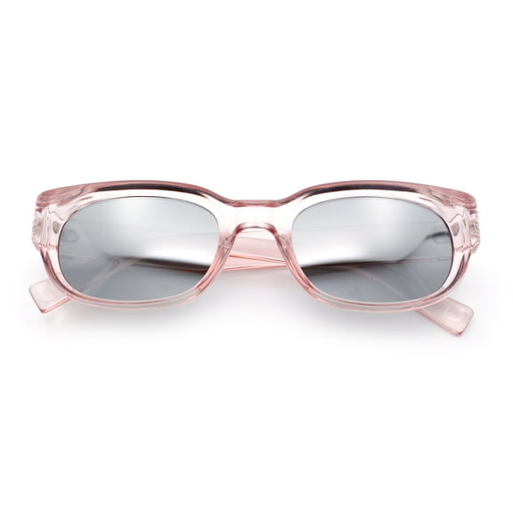Womens Narrow Rectangle Silver Mirror Lens Mod Bevel Plastic Sunglasses Pink