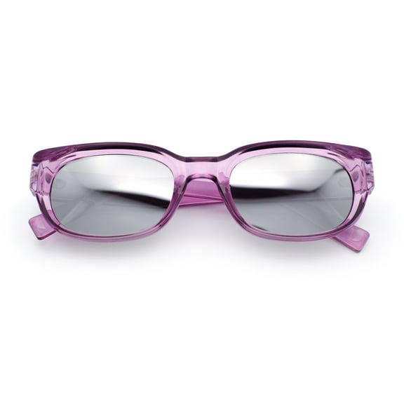 Womens Narrow Rectangle Silver Mirror Lens Mod Bevel Plastic Sunglasses Purple