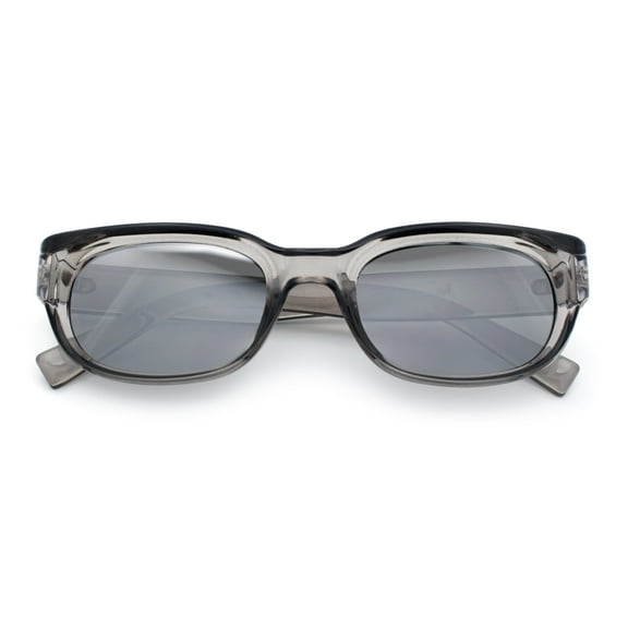 Womens Narrow Rectangle Silver Mirror Lens Mod Bevel Plastic Sunglasses Slate