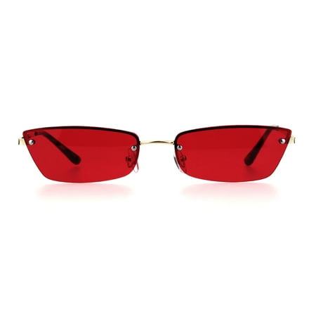 Womens Narrow Rectangular Rimless Cat Eye Hippie Color Lens Sunglasses Gold Red