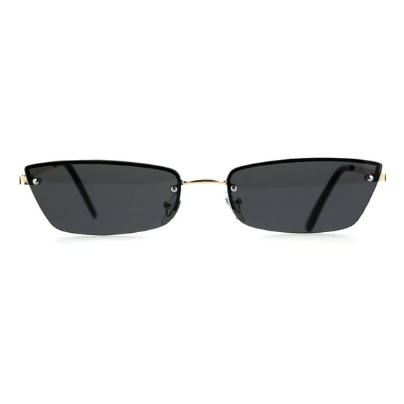 Womens Narrow Rectangular Rimless Cat Eye Metal Rim Retro Sunglasses Gold Black