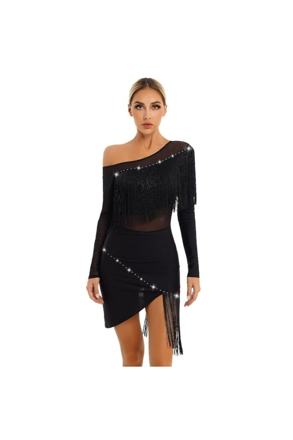 Womens National Ballroom Fringed Tango Samba Dance Dress Mesh Long Sleeve Latin Dance Performance Dress,S,Black