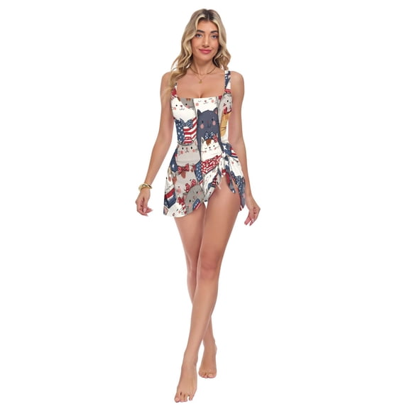 Womens National Flag Cat Pattern Print 2-in-1 Swim Dress Detachable Skirt One-Piece Swimsuit Square Neck S-XXL