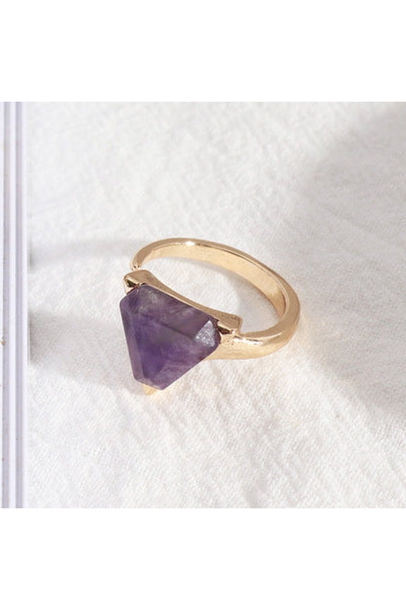 Womens Natural Amethyst Stone Ring Geometric Triangle Alloy Band Fashion Statement Jewelry Gift For Her Durable
