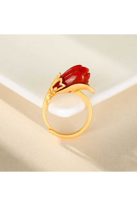 Womens Natural Red Agate Vintage Open Ring Copper Adjustable Band For Women Fashion Jewelry Handcrafted Gift Box