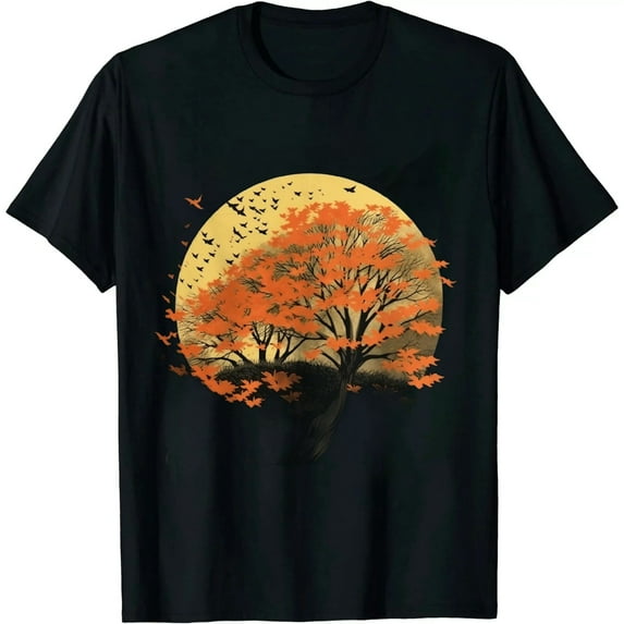 Womens Nature Wildlife Full Moon Tree Flock Of Birds Outdoor Forest T-Shirt Gift Crew Neck Party Shirts Black Tee 0410