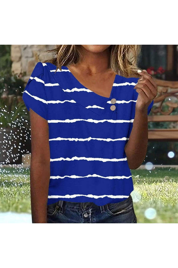 Womens Nautical Contrast Top Navy & White Stripe Artistic Print - Lightweight Office Commute Casual Shirt