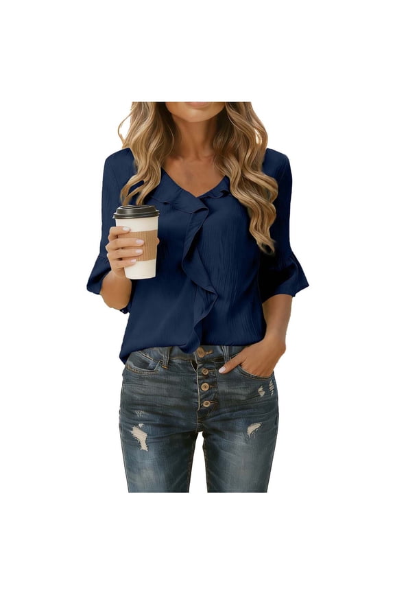 Womens Navy Blue Blouse with Ruffle V-Neck & Flutter Sleeves | Casual Chic Top for Everyday & Office | Relaxed Fit Wrinkle Resistant Polyester Shirt,Size L